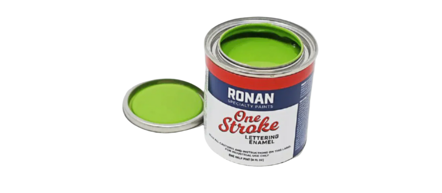 Can of Ronan One Stroke lettering paint with green interior on a gray background